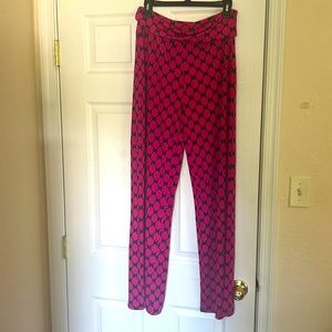 Charlie Paige slightly flared pink and navy blue almost black trellis pattern.